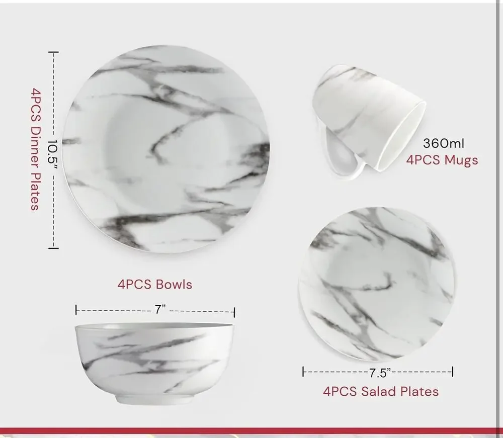 Safdie & Co. 16-Piece Coupe Dinnerware Set White Marble